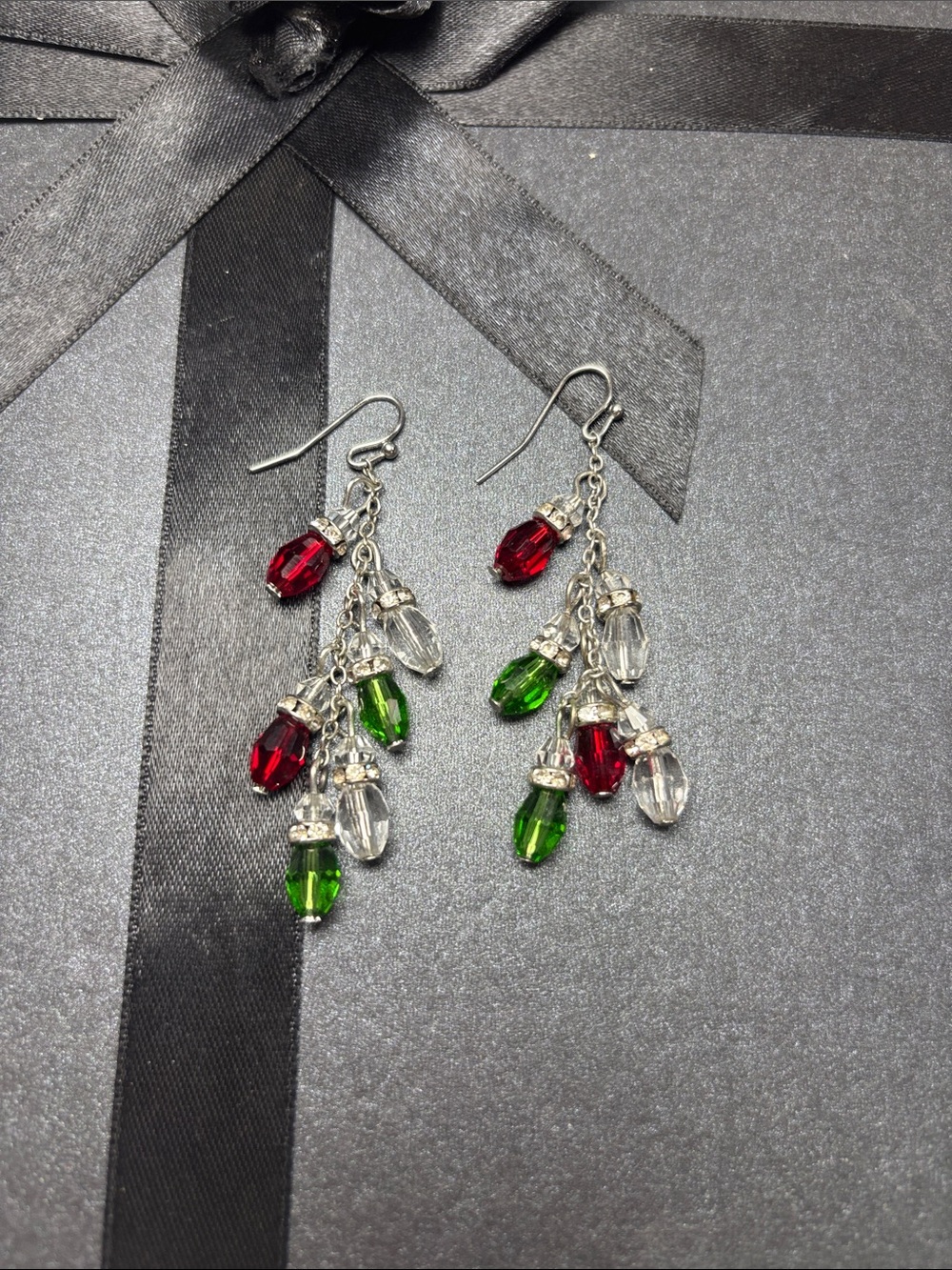 Festive Red Green Clear Crystal Dangle Earrings